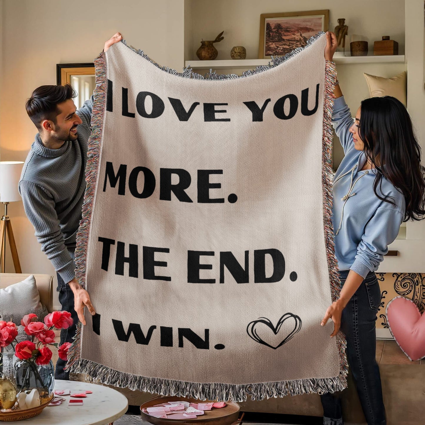 I LOVE YOU MORE. THE END. I WIN. BLK HEART//60"x50" HEIRLOOM WOVEN BLANKET