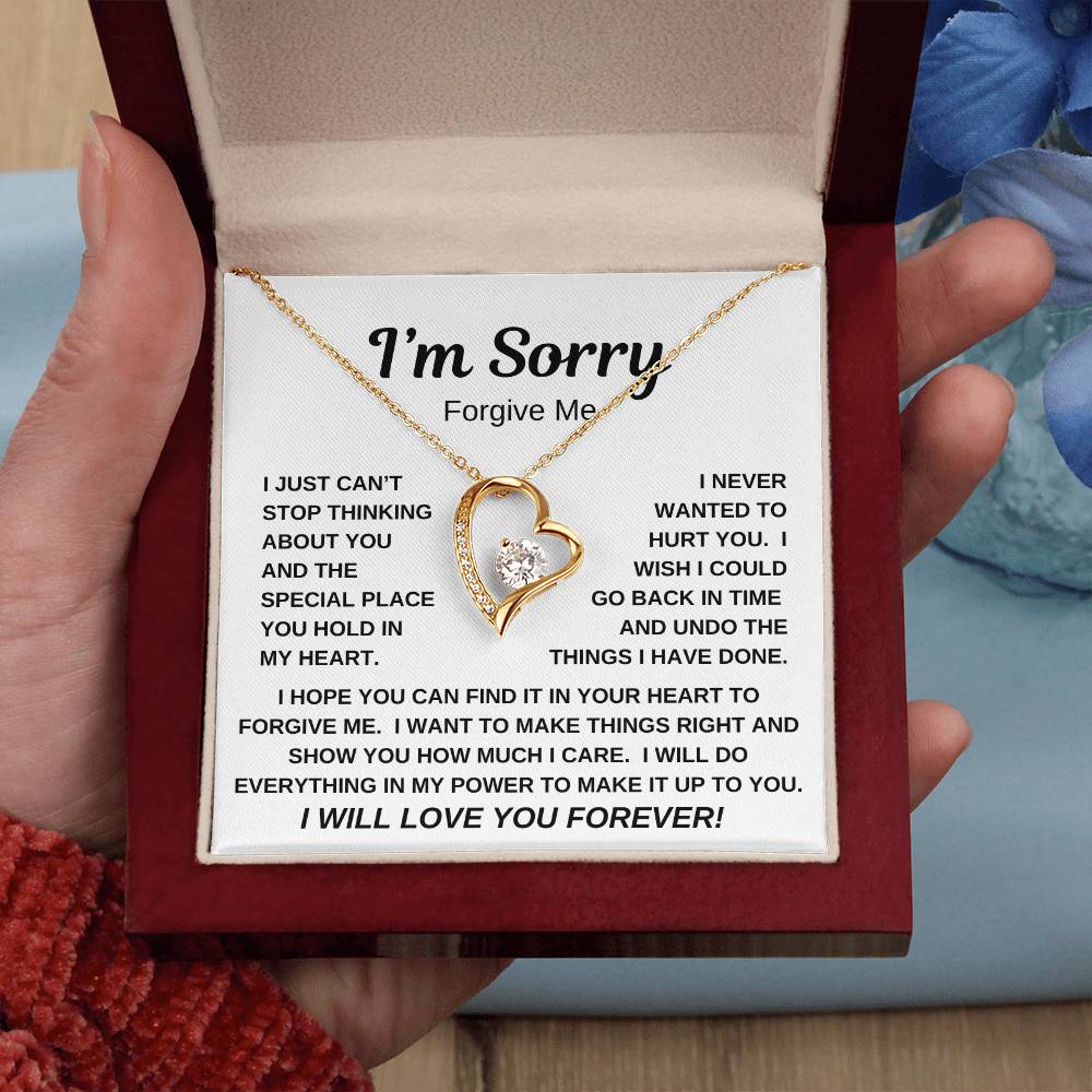I'M SORRY/FORGIVE ME/FOREVER LOVE HEART NECKLACE/WHITE OR YELLOW GOLD