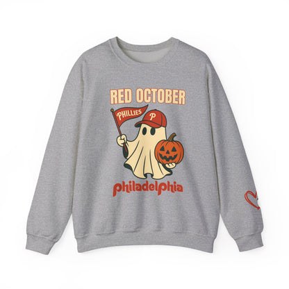 Ghostly Red October Crewneck Sweatshirt - Perfect for Halloween, Fall Fashion, Sports Gatherings, Cozy Casual Wear, Gift for Fans