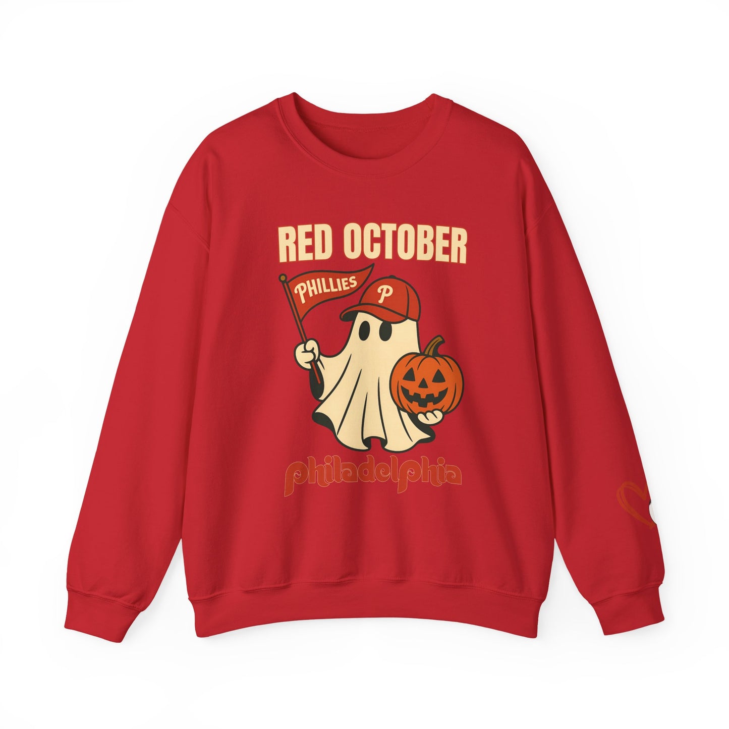Ghostly Red October Crewneck Sweatshirt - Perfect for Halloween, Fall Fashion, Sports Gatherings, Cozy Casual Wear, Gift for Fans