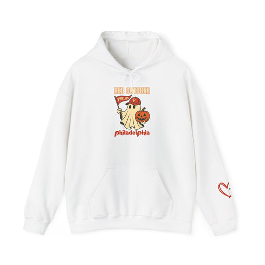 Red October Hoodie, Halloween Ghost Hoodie, Unisex Sweatshirt, Fall Fashion, Cute Halloween Apparel, Gift for Pumpkin Lovers, Cozy Hoodie, October Style