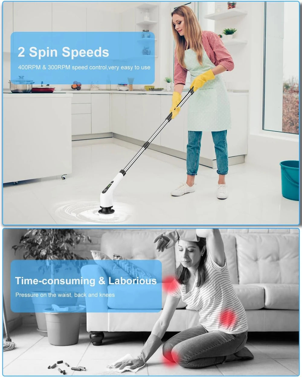 Cordless Electric Spin Scrubber with Extendable Handle. Makes cleaning so much easier!  No more bending or reaching.  Just charge and go!