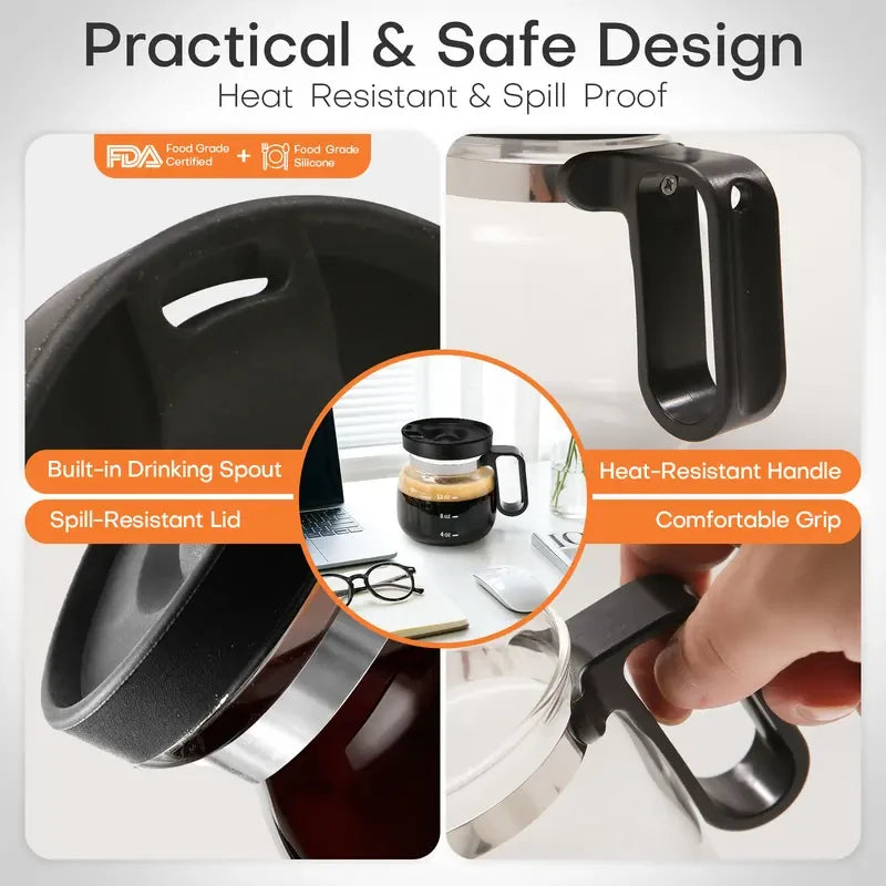 Mini Brew 16 oz Glass Coffee Mug with Lid.  Heat-Resistant Coffee Pot-Shaped Cup with Measurement Marks and Ergonomic Handle, Novelty Gift for Coffee Lovers! SHIPS FREE! 2 bonus gifts included today!
