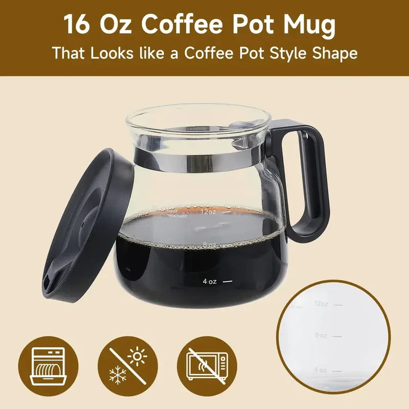 Mini Brew 16 oz Glass Coffee Mug with Lid.  Heat-Resistant Coffee Pot-Shaped Cup with Measurement Marks and Ergonomic Handle, Novelty Gift for Coffee Lovers! SHIPS FREE! 2 bonus gifts included today!