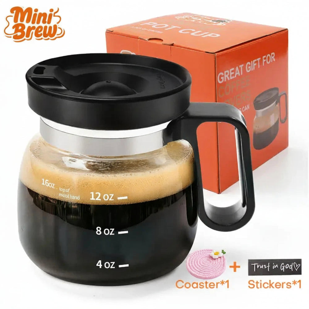 Mini Brew 16 oz Glass Coffee Mug with Lid.  Heat-Resistant Coffee Pot-Shaped Cup with Measurement Marks and Ergonomic Handle, Novelty Gift for Coffee Lovers! SHIPS FREE! 2 bonus gifts included today!