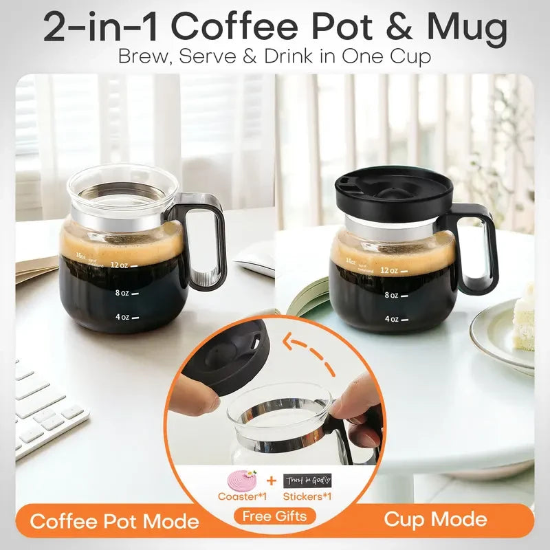 Mini Brew 16 oz Glass Coffee Mug with Lid.  Heat-Resistant Coffee Pot-Shaped Cup with Measurement Marks and Ergonomic Handle, Novelty Gift for Coffee Lovers! SHIPS FREE! 2 bonus gifts included today!