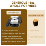 Mini Brew 16 oz Glass Coffee Mug with Lid.  Heat-Resistant Coffee Pot-Shaped Cup with Measurement Marks and Ergonomic Handle, Novelty Gift for Coffee Lovers! SHIPS FREE! 2 bonus gifts included today!