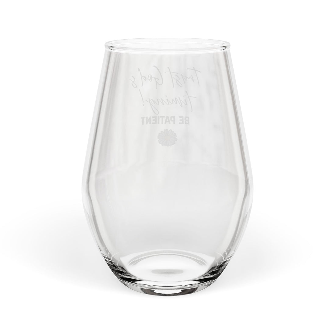 Stemless Wine Glass – “Trust God’s Timing, Be Patient” Inspirational Daisy Design
