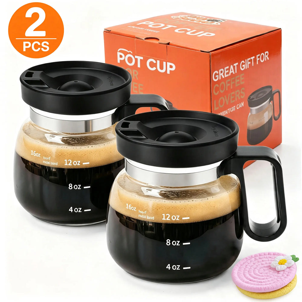 Mini Brew 16 oz Glass Coffee Mug with Lid.  Heat-Resistant Coffee Pot-Shaped Cup with Measurement Marks and Ergonomic Handle, Novelty Gift for Coffee Lovers! SHIPS FREE! 2 bonus gifts included today!