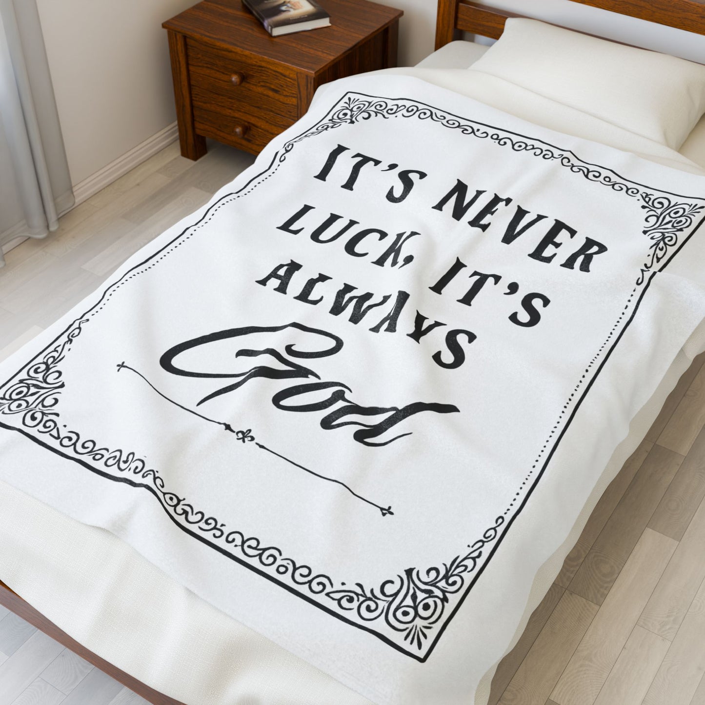 Religious Plush Blanket — "It's Never Luck, It's Always God" Velveteen Throw