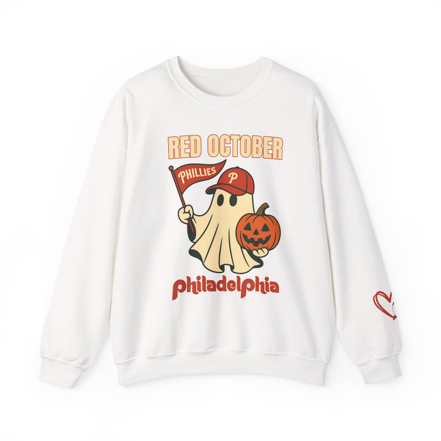Ghostly Red October Crewneck Sweatshirt - Perfect for Halloween, Fall Fashion, Sports Gatherings, Cozy Casual Wear, Gift for Fans