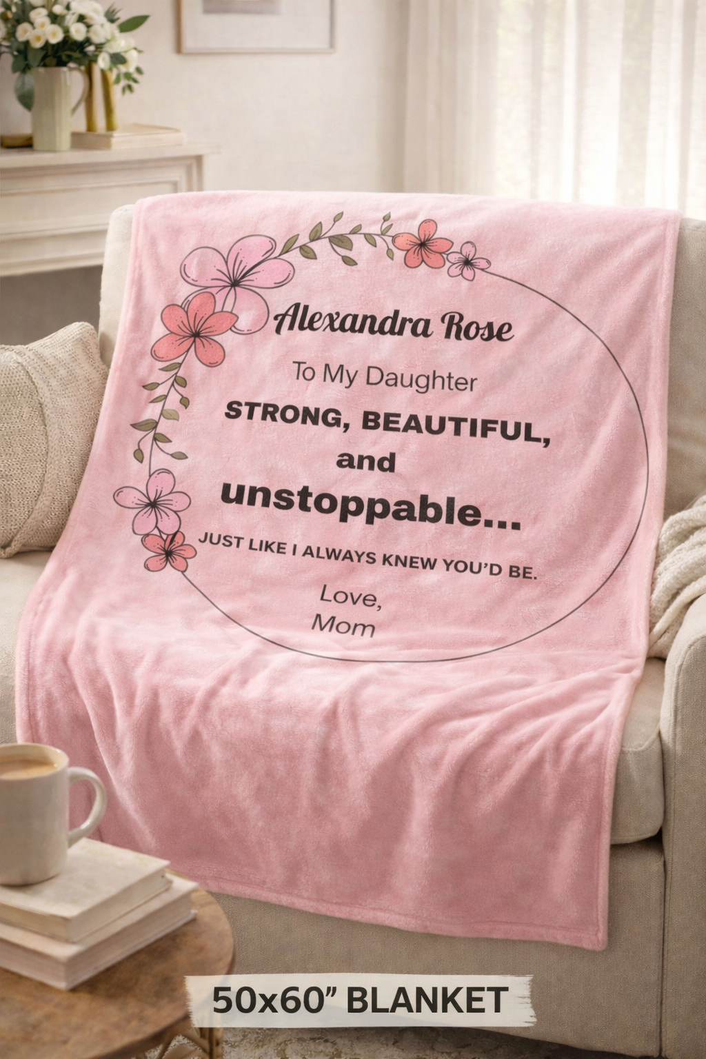⏰ Mother's Day is May 10th — Order by May 1st to guarantee delivery in time!"SUPER SOFT Velveteen Personalized To My Daughter Blanket from Mom – Strong Beautiful Unstoppable – Custom Name Daughter Gift – Mother’s Day Gift for Daughter Plush Blanket