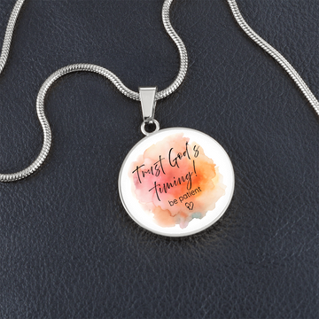 A Beautiful Reminder of Faith She’ll Cherish Every Day. A Meaningful Gift for Daughters, Moms, Sisters, or anyone needing a reminder of Faith! ✔️ Free Shipping ✔️ 30-Day Love-It  Guarantee| Watercolor Circle Pendant |Trust God's Timing be patient.