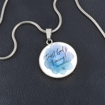 A Beautiful Reminder of Faith She’ll Cherish Every Day. A Meaningful Gift for Daughters, Moms, Sisters, or anyone needing a reminder of Faith! ✔️ Free Shipping ✔️ 30-Day Love-It  Guarantee| Blue Watercolor Circle Pendant |Trust God's Timing be patient.