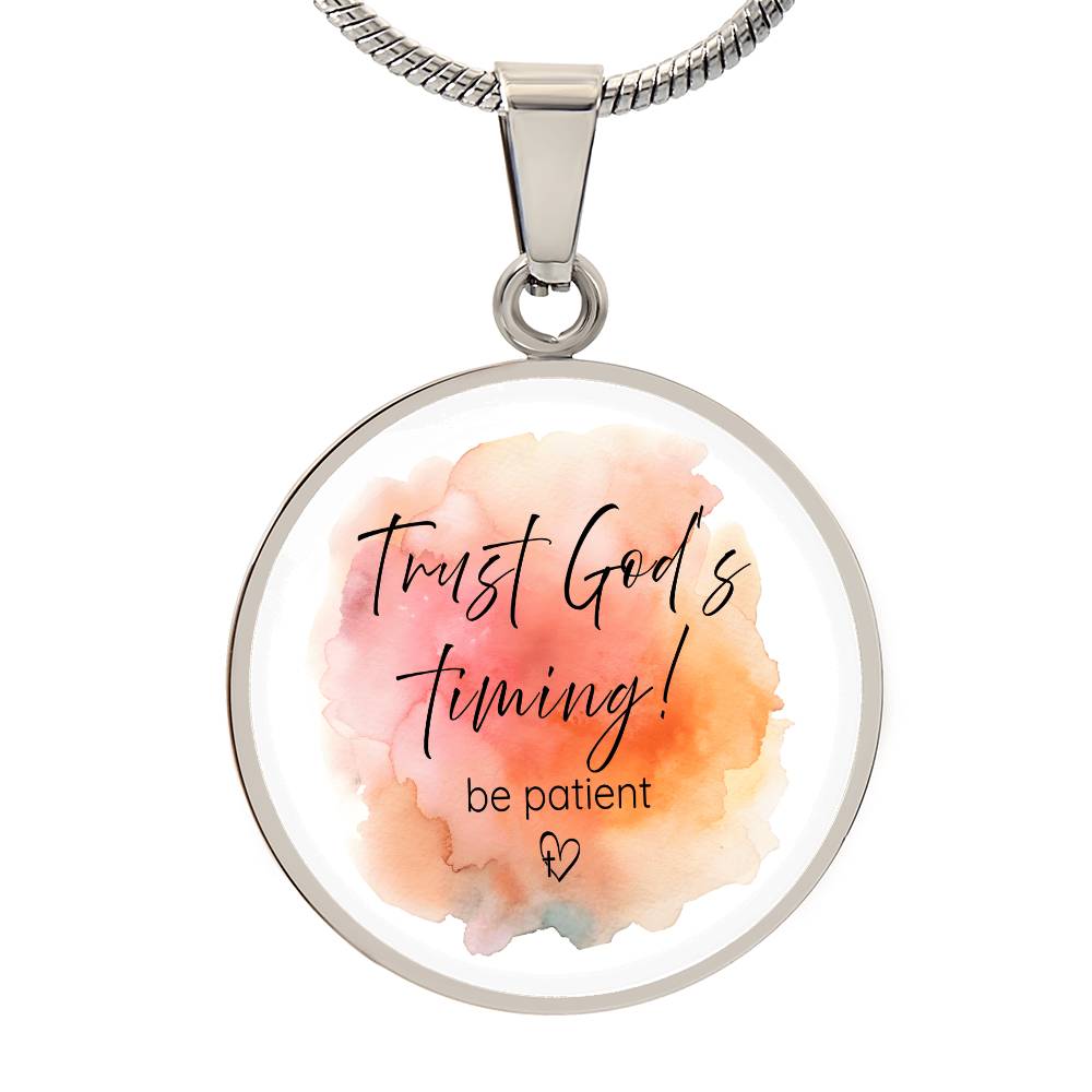 A Beautiful Reminder of Faith She’ll Cherish Every Day. A Meaningful Gift for Daughters, Moms, Sisters, or anyone needing a reminder of Faith! ✔️ Free Shipping ✔️ 30-Day Love-It  Guarantee| Watercolor Circle Pendant |Trust God's Timing be patient.