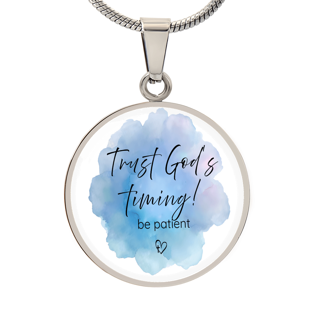 A Beautiful Reminder of Faith She’ll Cherish Every Day. A Meaningful Gift for Daughters, Moms, Sisters, or anyone needing a reminder of Faith! ✔️ Free Shipping ✔️ 30-Day Love-It  Guarantee| Blue Watercolor Circle Pendant |Trust God's Timing be patient.
