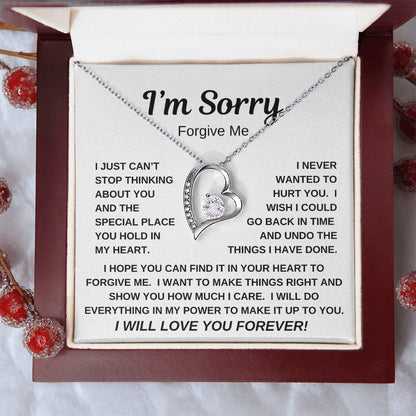 I'M SORRY/FORGIVE ME/FOREVER LOVE HEART NECKLACE/WHITE OR YELLOW GOLD