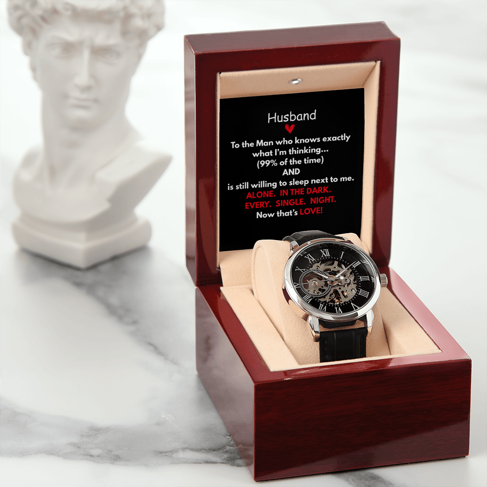 Give the gift of luxury with this Openwork Watch.  Classy with the Perfect Message Card and Mahogany Box Included!