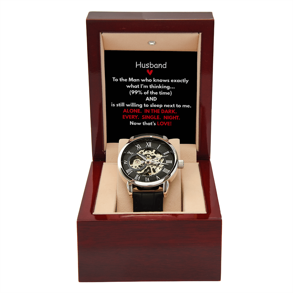 Give the gift of luxury with this Openwork Watch.  Classy with the Perfect Message Card and Mahogany Box Included!