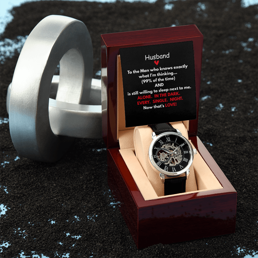 Give the gift of luxury with this Openwork Watch.  Classy with the Perfect Message Card and Mahogany Box Included!