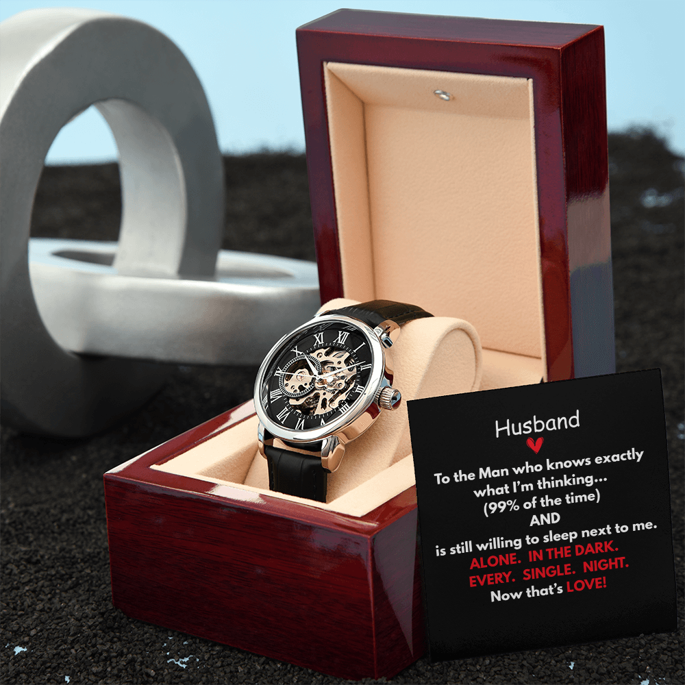 Give the gift of luxury with this Openwork Watch.  Classy with the Perfect Message Card and Mahogany Box Included!