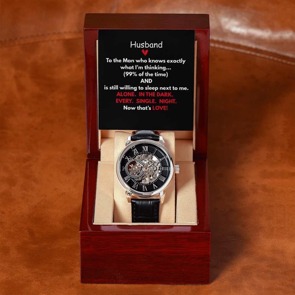 Give the gift of luxury with this Openwork Watch.  Classy with the Perfect Message Card and Mahogany Box Included!