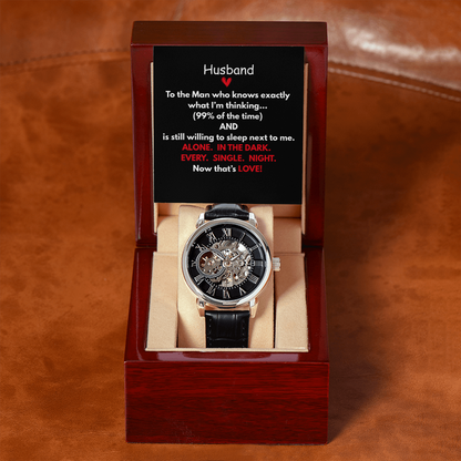 Give the gift of luxury with this Openwork Watch.  Classy with the Perfect Message Card and Mahogany Box Included!