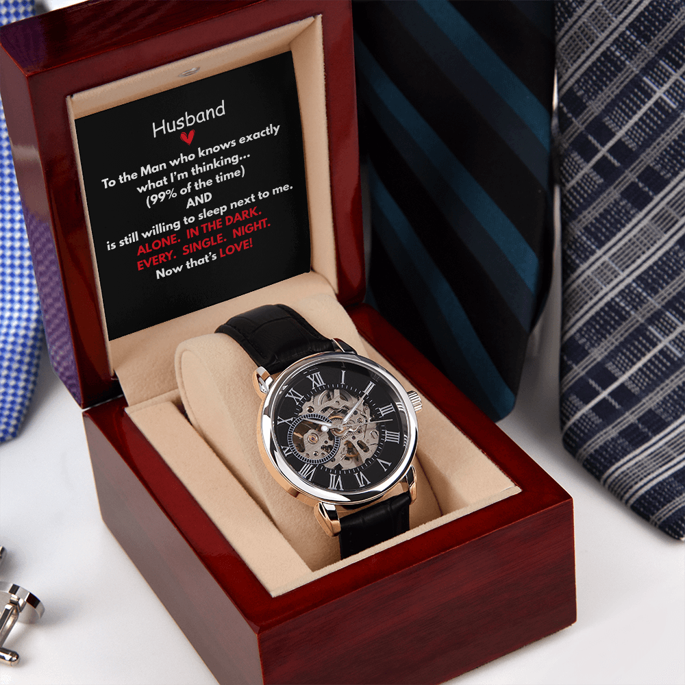 Give the gift of luxury with this Openwork Watch.  Classy with the Perfect Message Card and Mahogany Box Included!