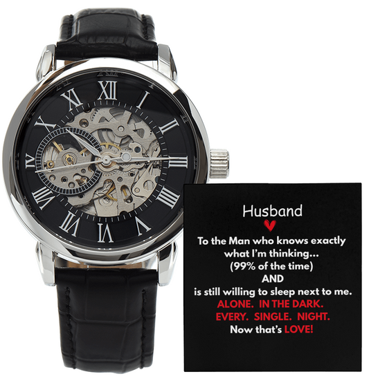 Give the gift of luxury with this Openwork Watch.  Classy with the Perfect Message Card and Mahogany Box Included!