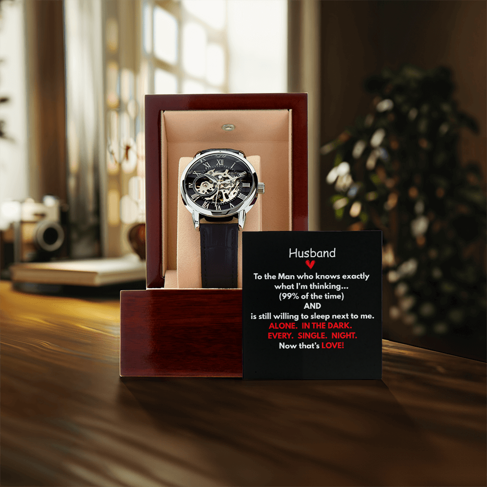 Give the gift of luxury with this Openwork Watch.  Classy with the Perfect Message Card and Mahogany Box Included!
