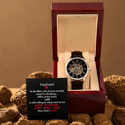 Give the gift of luxury with this Openwork Watch.  Classy with the Perfect Message Card and Mahogany Box Included!