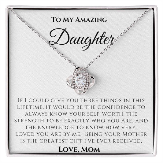 To My Amazing Daughter/Love, Mom/White or Yellow Gold/Love Knot Necklace