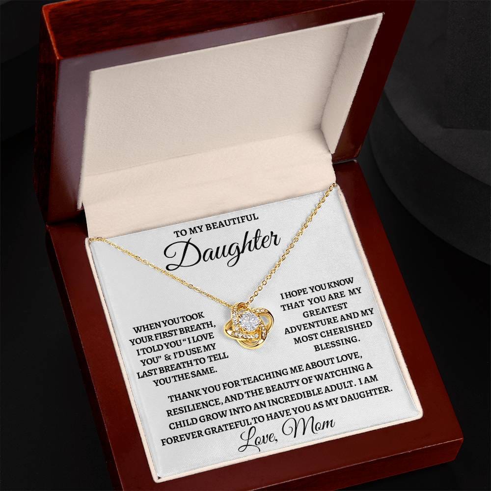 To My Beautiful Daughter, Love Mom/Love Knot Necklace/Gold or White Gold