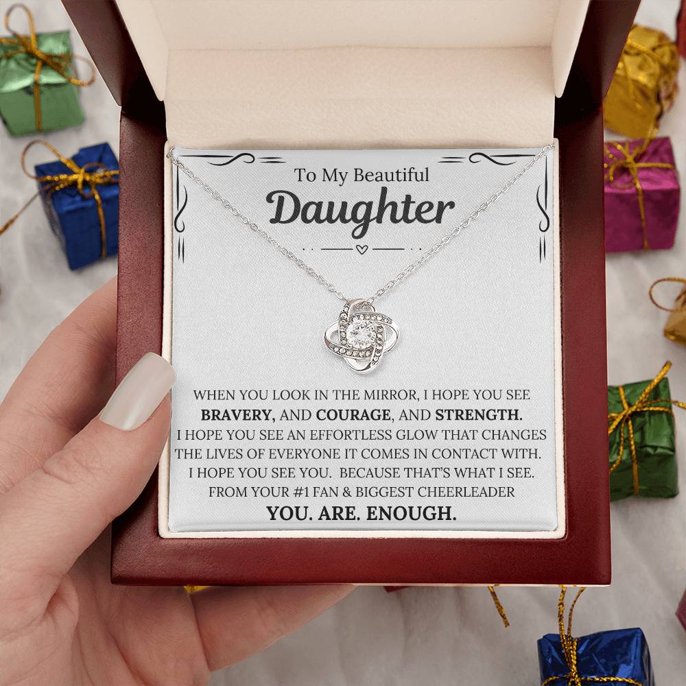 To My Beautiful Daughter, YOU.ARE.ENOUGH/Love Knot Necklace/Gold or White Gold