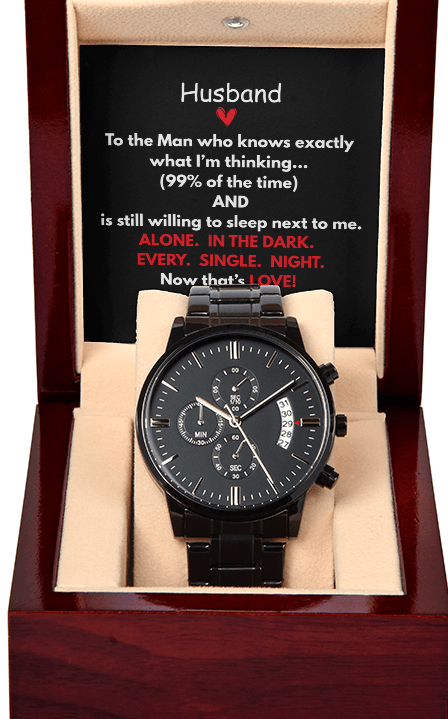 Perfect gift for the special man in your life. Beautiful Black Chronograph Watch – Includes, Funny Message Card and Mahogany Gift Box!