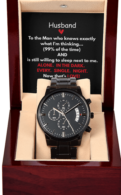Perfect gift for the special man in your life. Beautiful Black Chronograph Watch – Includes, Funny Message Card and Mahogany Gift Box!