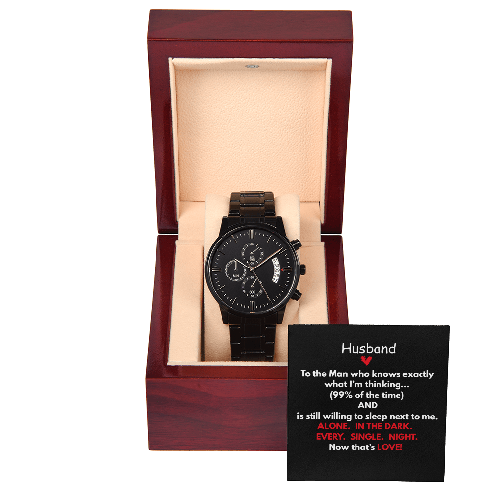Perfect gift for the special man in your life. Beautiful Black Chronograph Watch – Includes, Funny Message Card and Mahogany Gift Box!