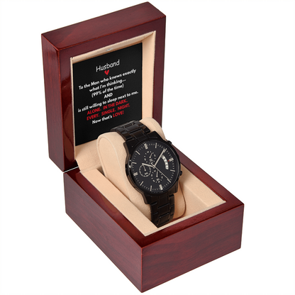 Perfect gift for the special man in your life. Beautiful Black Chronograph Watch – Includes, Funny Message Card and Mahogany Gift Box!