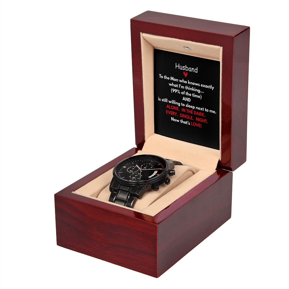 Perfect gift for the special man in your life. Beautiful Black Chronograph Watch – Includes, Funny Message Card and Mahogany Gift Box!