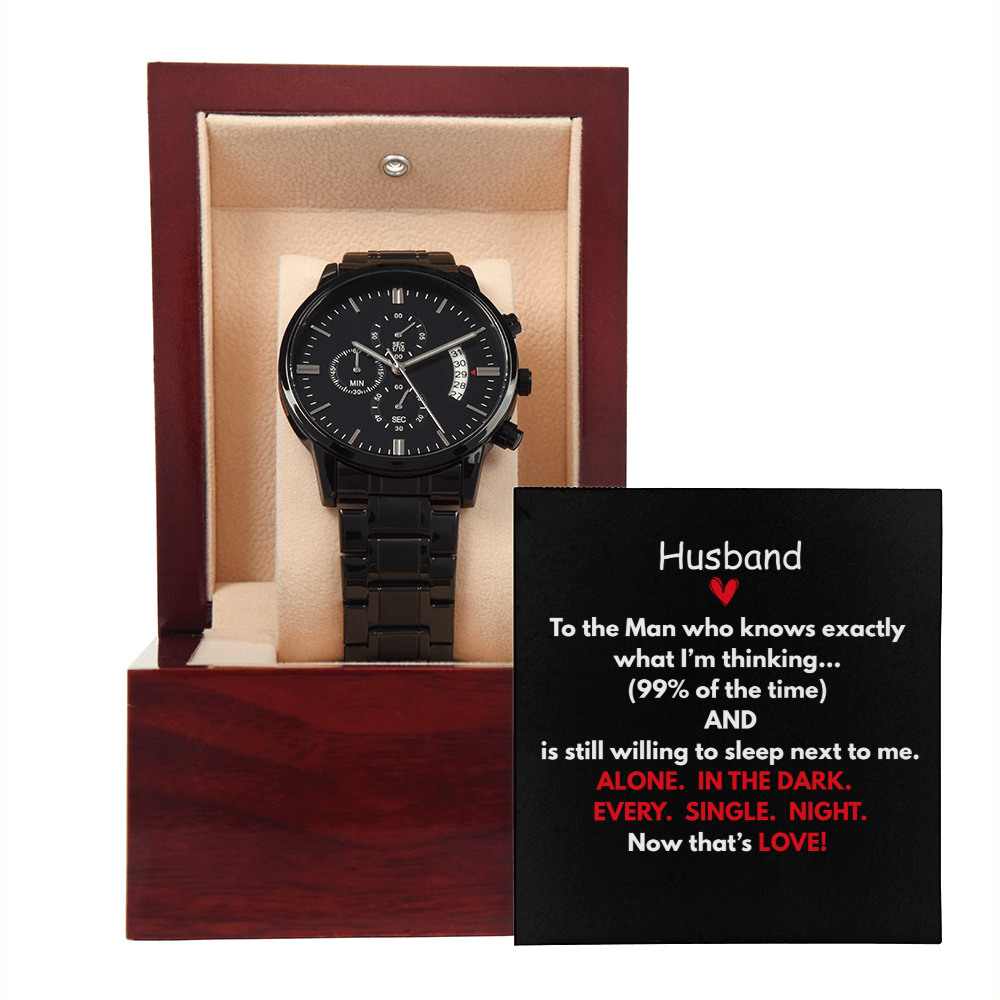 Perfect gift for the special man in your life. Beautiful Black Chronograph Watch – Includes, Funny Message Card and Mahogany Gift Box!