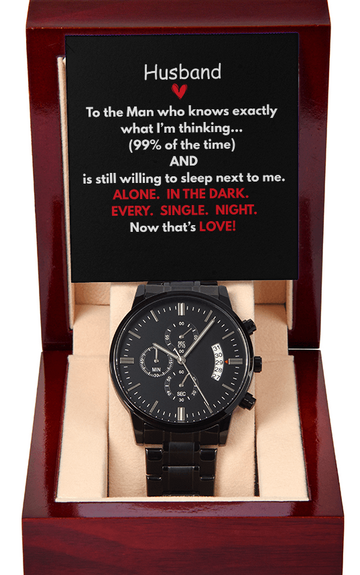 Perfect gift for the special man in your life. Beautiful Black Chronograph Watch – Includes, Funny Message Card and Mahogany Gift Box!