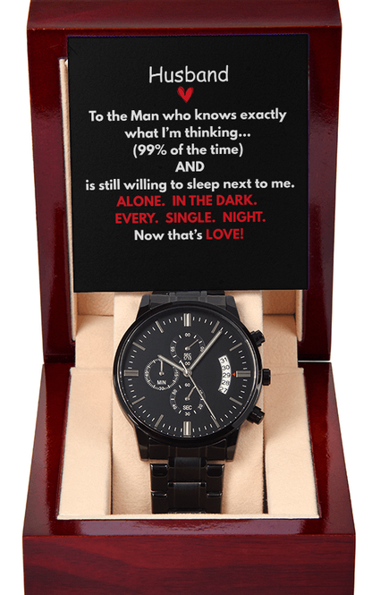 Perfect gift for the special man in your life. Beautiful Black Chronograph Watch – Includes, Funny Message Card and Mahogany Gift Box!