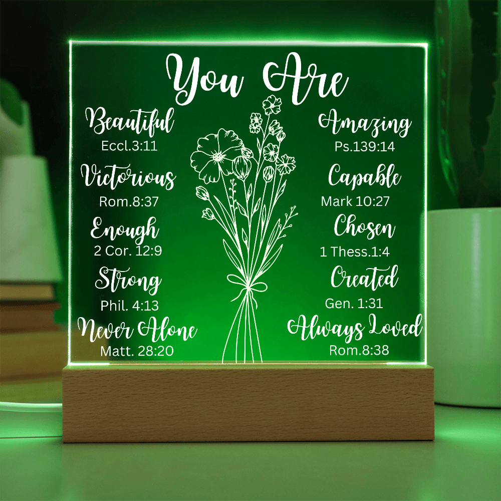 You Are....Premium Square Acrylic Plaque/Choice of USB plug-in OR  Cordless, Battery operated