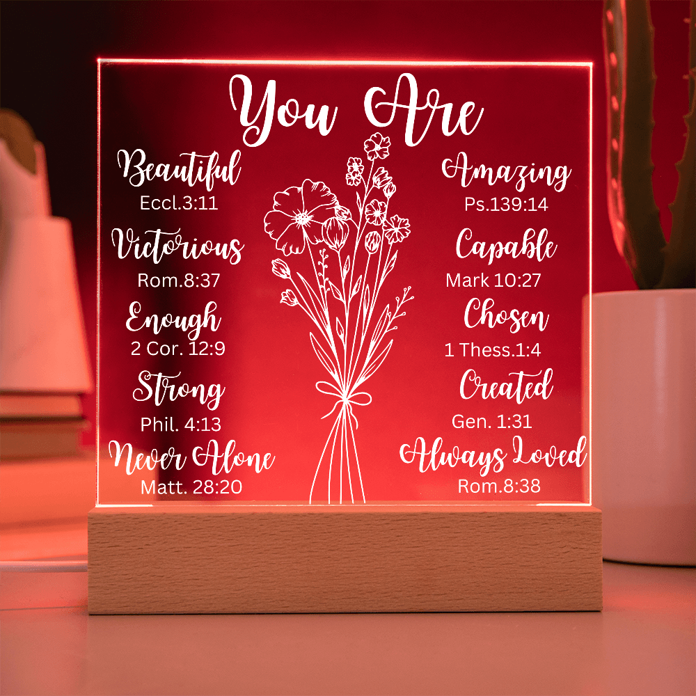 You Are....Premium Square Acrylic Plaque/Choice of USB plug-in OR  Cordless, Battery operated