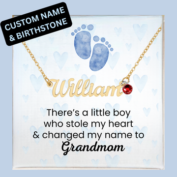 NEW GRANDMOM Personalized Baby Boy Name Necklace With Keepsake Message Card. 💛 Add baby's name 💛 Choose birthstone 🎁 Arrives in a beautiful gift box 💌 Includes a keepsake message card ⭐