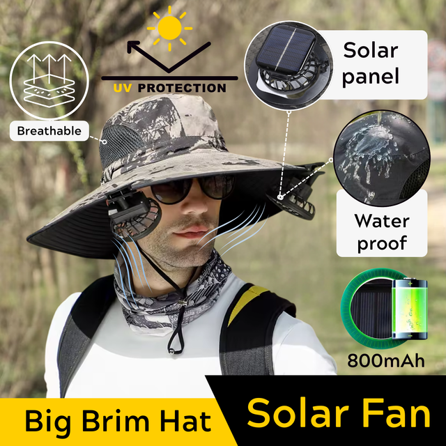 ☀️Solar Powered Fan Hat — Big Brim UV Protection Hat with Built-In Solar Fan & 800mAh Battery | Unisex