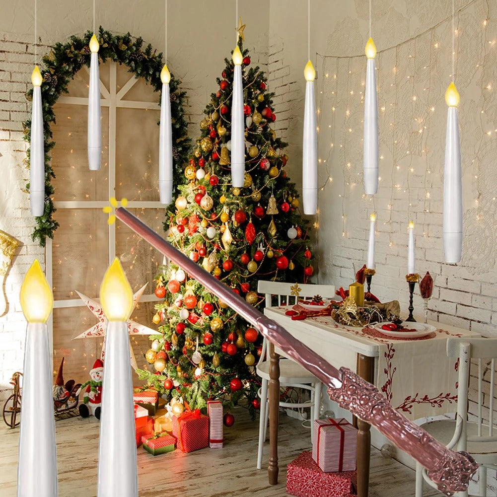 Back by popular demand!  Flameless LED Floating Candles - 6.6" Battery-Operated with Magic Wand Remote, 12-Hook Hanging Window Lighting, Room Accessories for Christmas & Indoor Halloween Decor, Whimsical Gifts.