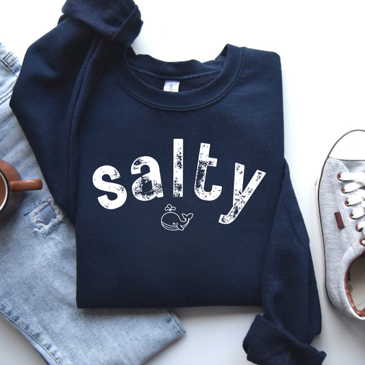 "salty"with tiny whale/ Crewneck Sweatshirt - Soft and Comfy for Relaxing Days by the Water