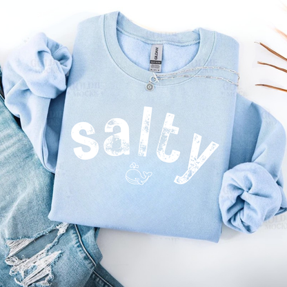 "salty"with tiny whale/ Crewneck Sweatshirt - Soft and Comfy for Relaxing Days by the Water