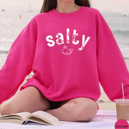 "salty"with tiny whale/ Crewneck Sweatshirt - Soft and Comfy for Relaxing Days by the Water